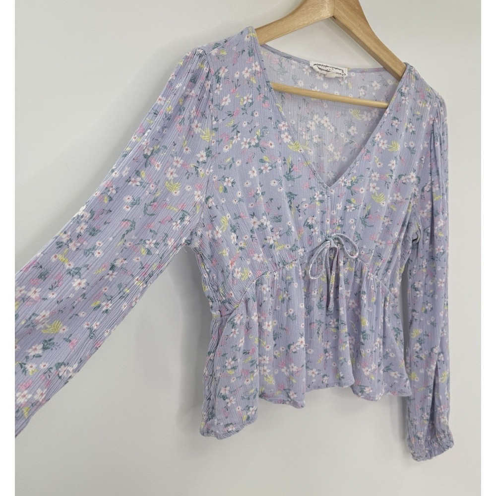 Hippie Rose Faux Tie Waist Babydoll Periwinkle Floral Top Sz L Fairy Cottage - Picture 4 of 9